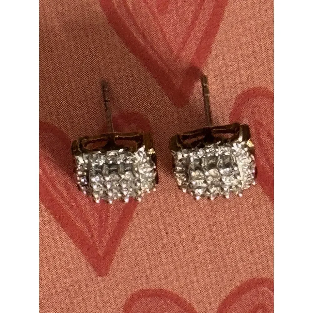 Vintage Sterling Silver 925 Pavé Diamond Square Stud Earrings Total 42 Diamonds - Picture 4 of 9
